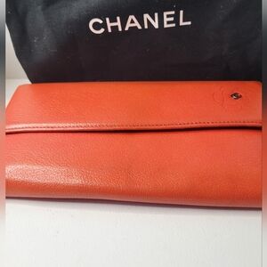 Chanel Lambskin Camelia Flower Long Orange Wallet